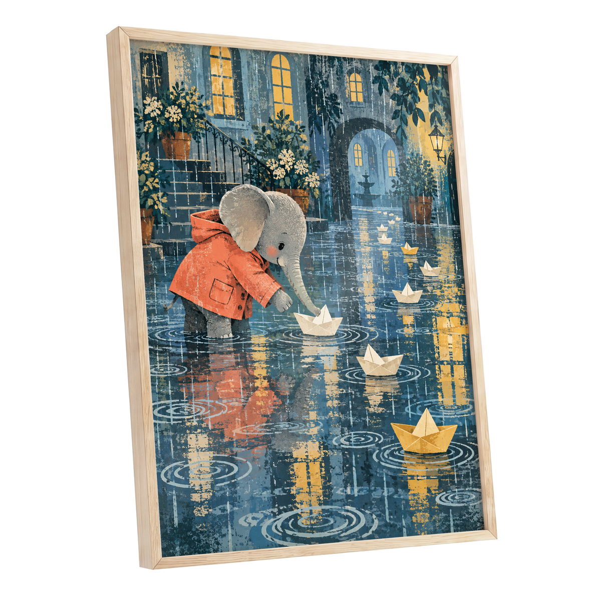 Paper Boats in the Rain, blue, gray, orange abstract wall art shown as a oak framed poster wall art print