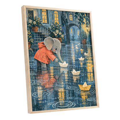 Paper Boats in the Rain, blue, gray, orange abstract wall art shown as a oak framed poster wall art print