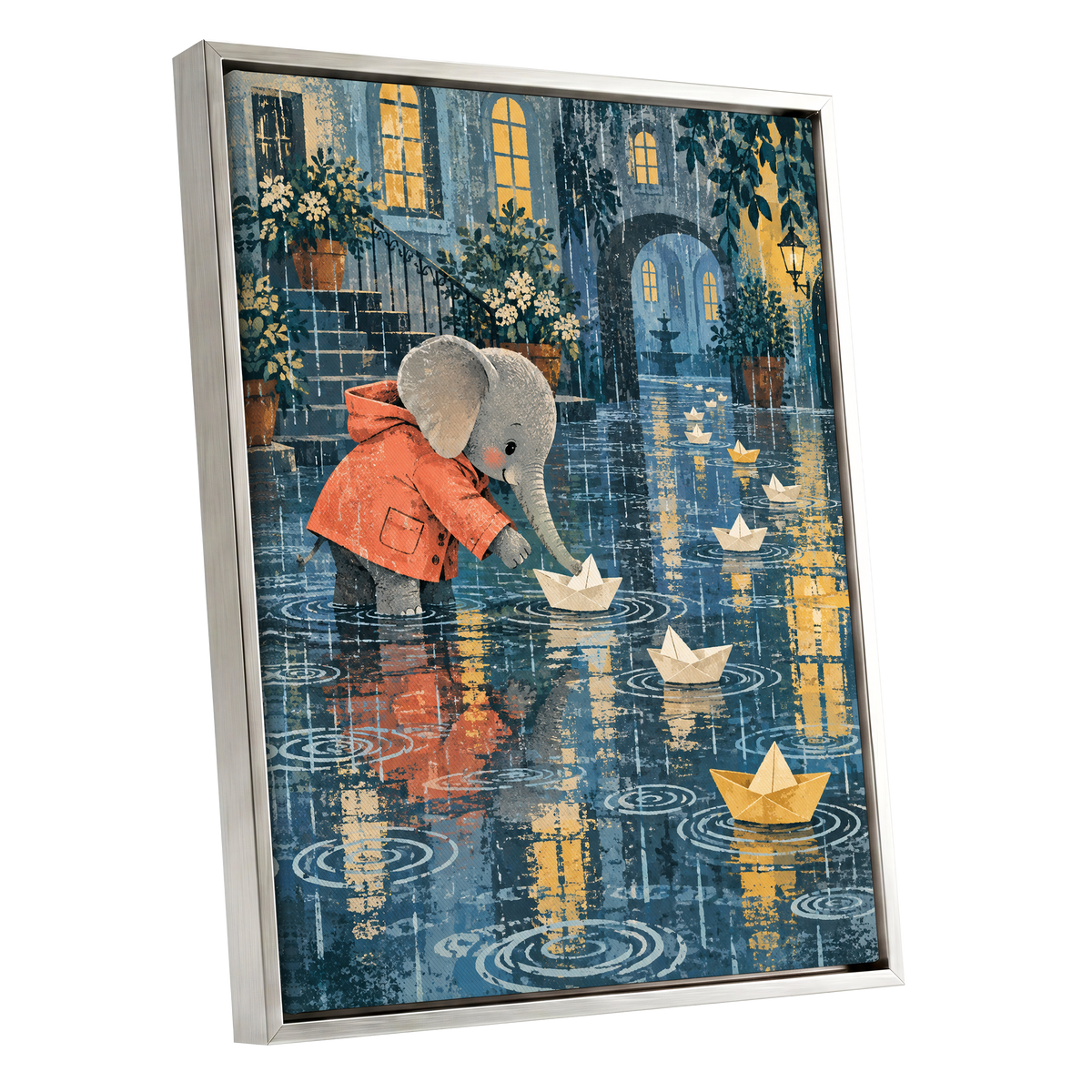 Paper Boats in the Rain, blue, gray, orange abstract wall art shown as a silver framed canvas wall art