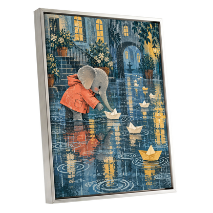 Paper Boats in the Rain, blue, gray, orange abstract wall art shown as a silver framed canvas wall art