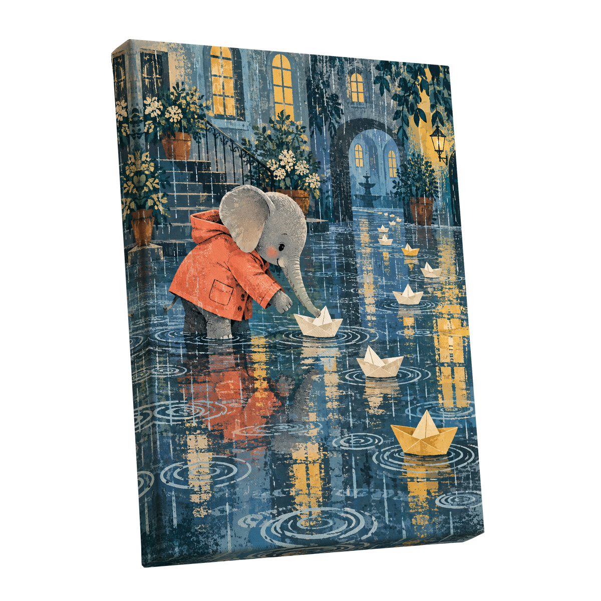 Paper Boats in the Rain, blue, gray, orange abstract wall art shown as a stretched canvas wall art