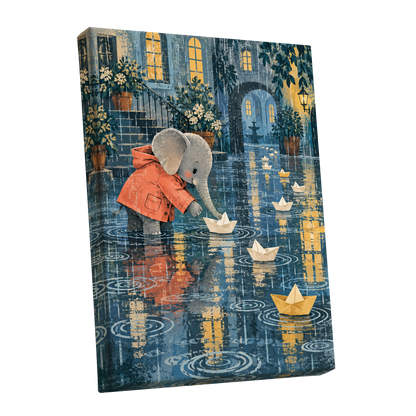 Paper Boats in the Rain, blue, gray, orange abstract wall art shown as a stretched canvas wall art