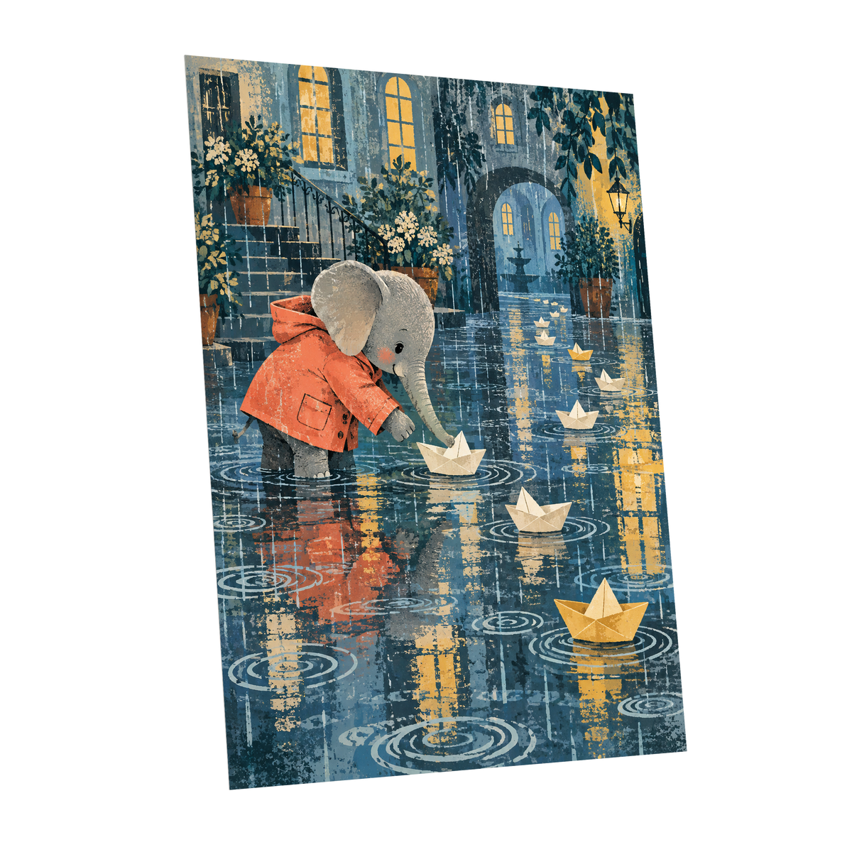 Paper Boats in the Rain, blue, gray, orange abstract wall art shown as a unframed poster wall art print