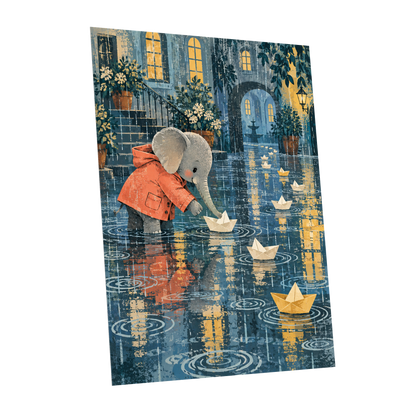 Paper Boats in the Rain, blue, gray, orange abstract wall art shown as a unframed poster wall art print