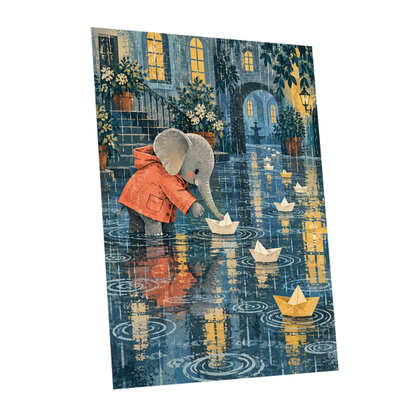 Paper Boats in the Rain, blue, gray, orange abstract wall art shown as a unframed poster wall art print