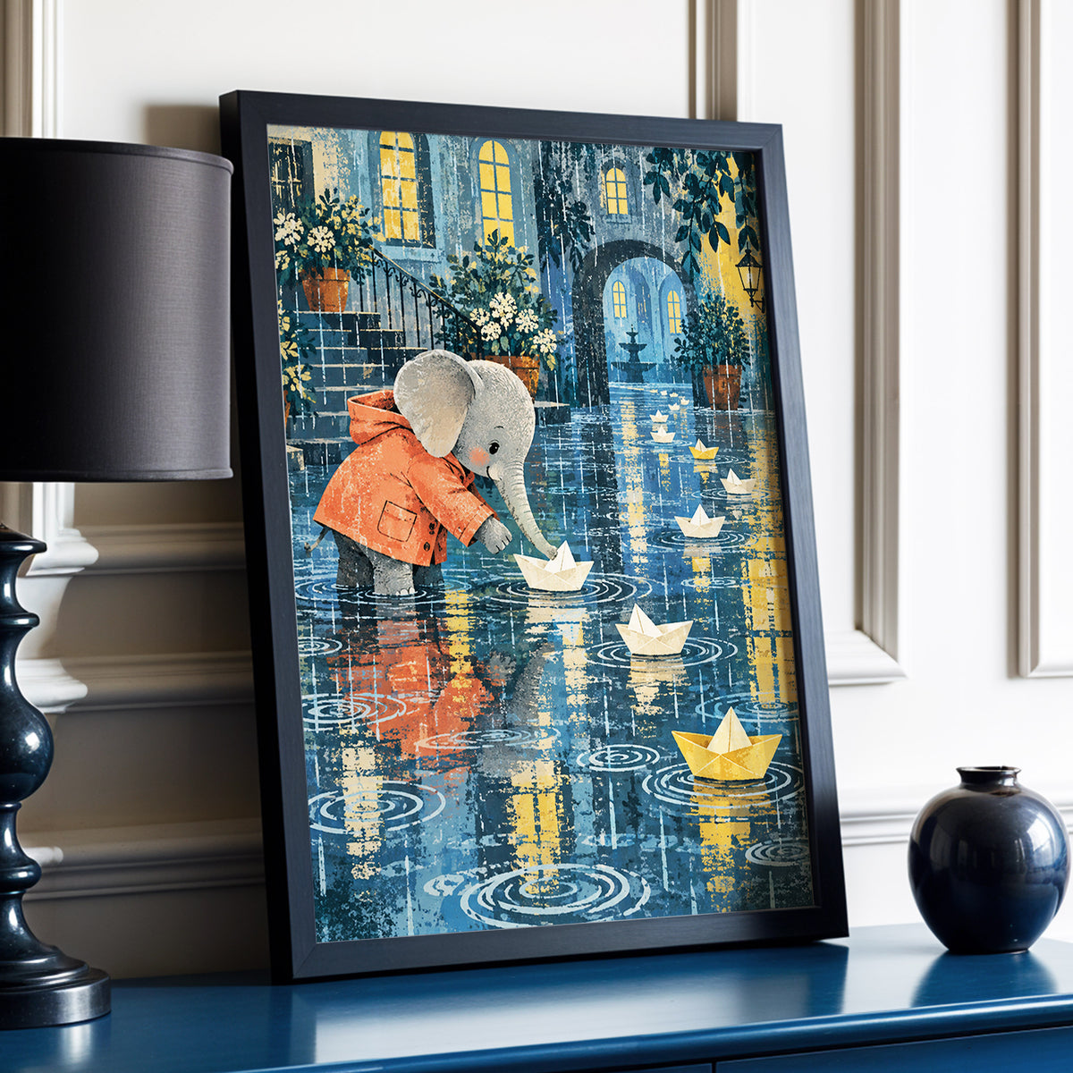 Paper Boats in the Rain, blue, gray, orange abstract wall art displayed in a styled interior, gallery view 2