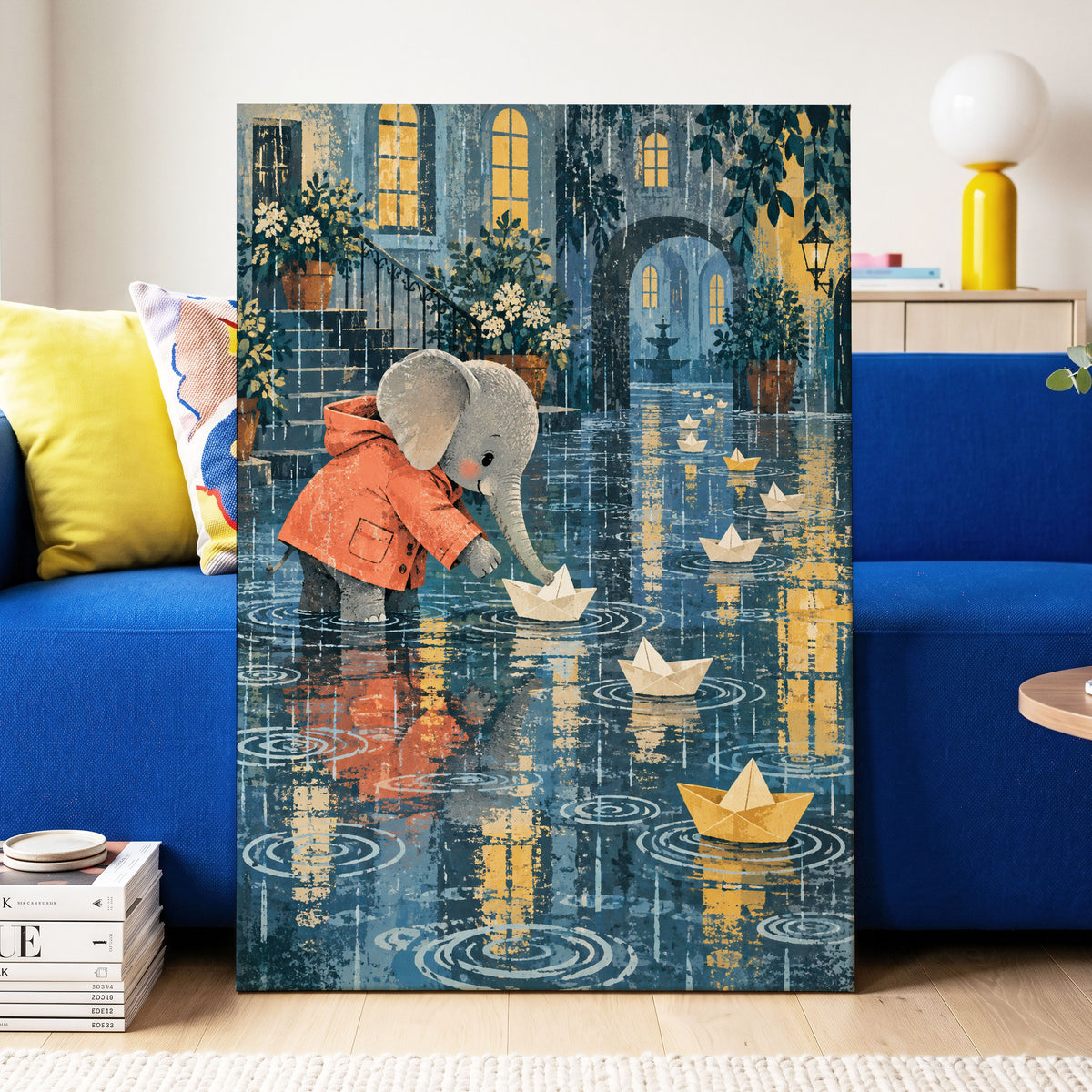 Paper Boats in the Rain, blue, gray, orange abstract wall art displayed in a styled interior, gallery view 3