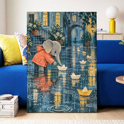 Paper Boats in the Rain, blue, gray, orange abstract wall art displayed in a styled interior, gallery view 3