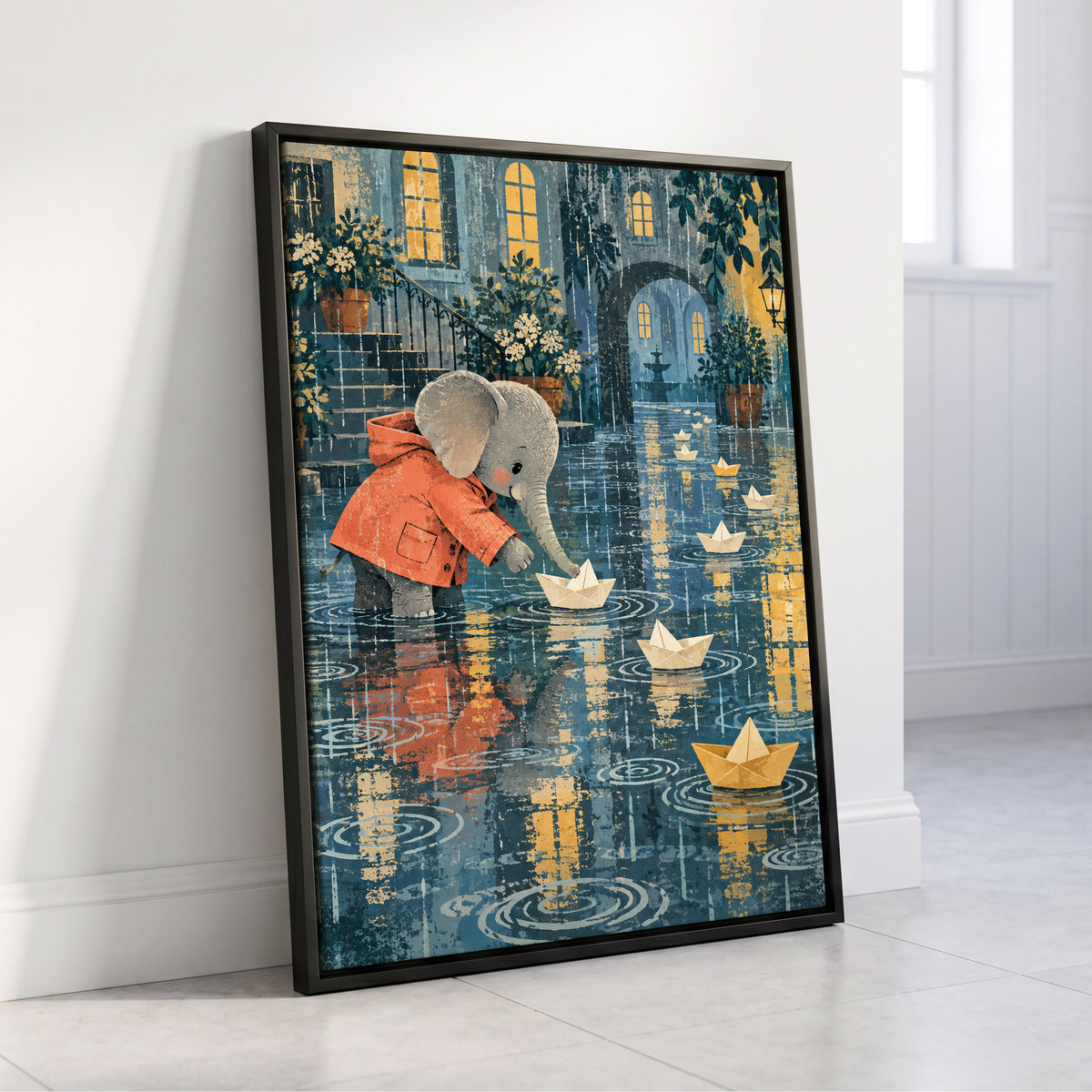 Paper Boats in the Rain, blue, gray, orange abstract wall art displayed in a styled interior, gallery view 4