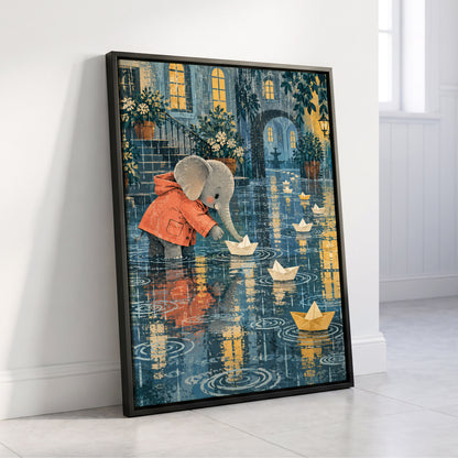 Paper Boats in the Rain, blue, gray, orange abstract wall art displayed in a styled interior, gallery view 4