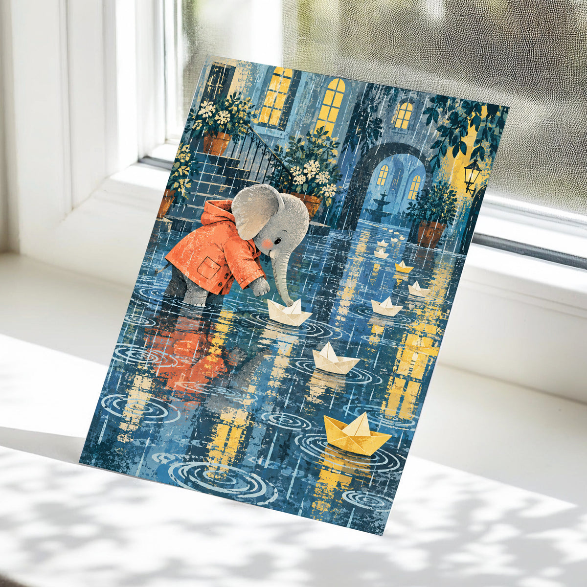 Paper Boats in the Rain, blue, gray, orange abstract wall art displayed in a styled interior, gallery view 5