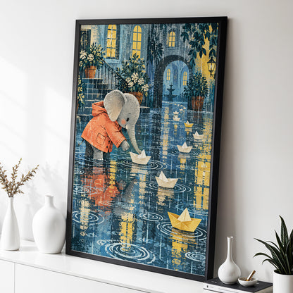 Paper Boats in the Rain, blue, gray, orange abstract wall art displayed in a styled interior, gallery view 6