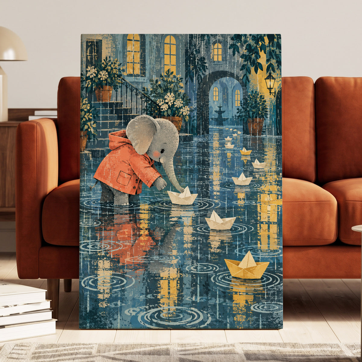 Paper Boats in the Rain, blue, gray, orange abstract wall art displayed in a styled interior, gallery view 7