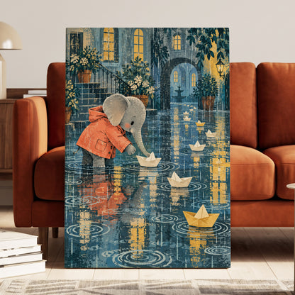 Paper Boats in the Rain, blue, gray, orange abstract wall art displayed in a styled interior, gallery view 7