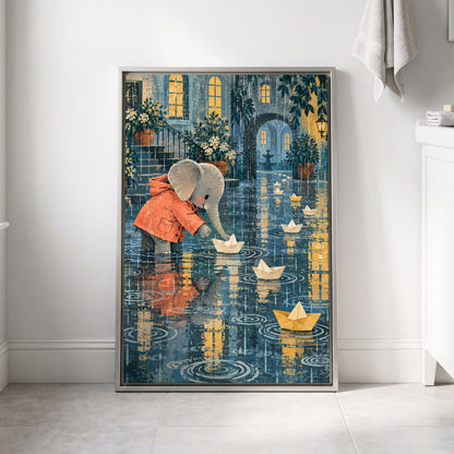 Paper Boats in the Rain, blue, gray, orange abstract wall art displayed in a styled interior, gallery view 8
