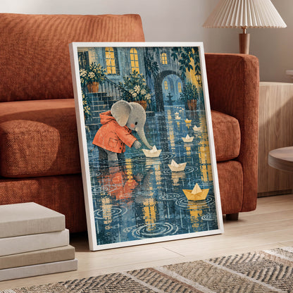 Paper Boats in the Rain, blue, gray, orange abstract wall art displayed in a styled interior, gallery view 9