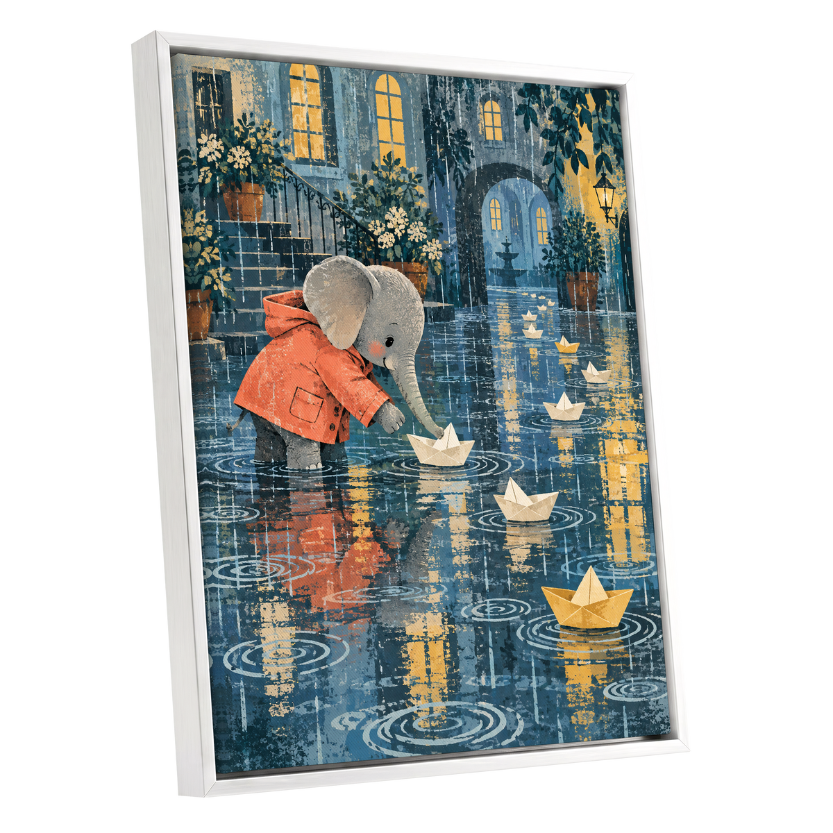 Paper Boats in the Rain, blue, gray, orange abstract wall art shown as a white framed canvas wall art