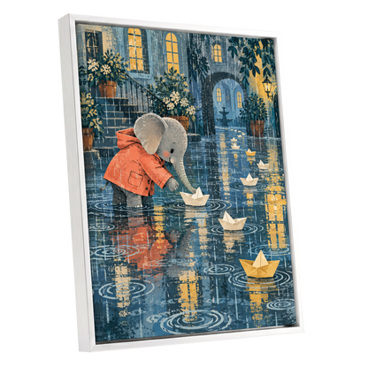 Paper Boats in the Rain, blue, gray, orange abstract wall art shown as a white framed canvas wall art