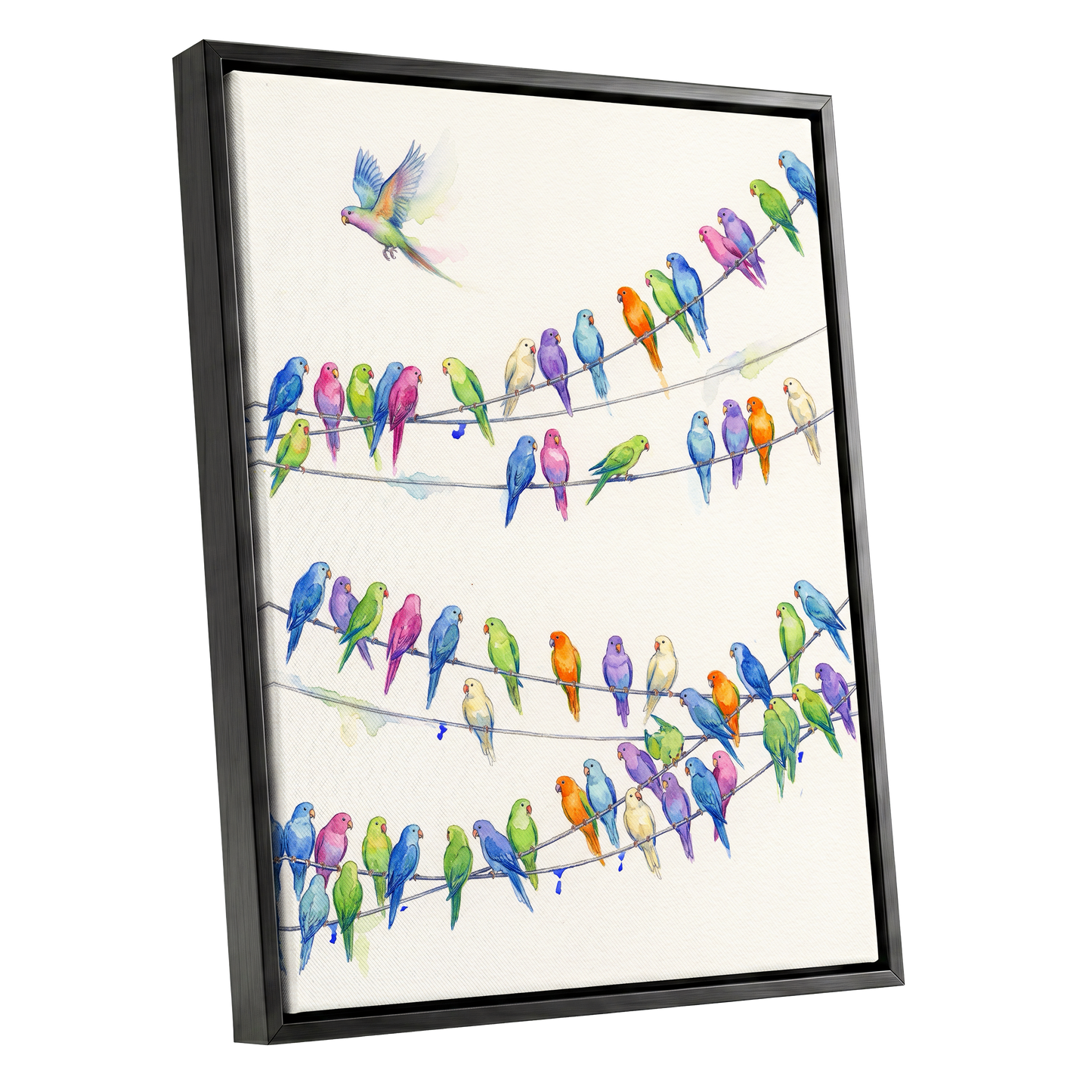 Parakeet Parade, multicolor, white, blue nature wall art shown as a black framed canvas wall art