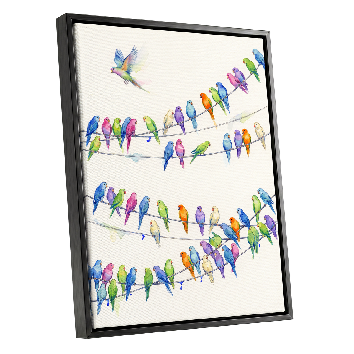 Parakeet Parade, multicolor, white, blue nature wall art shown as a black framed canvas wall art