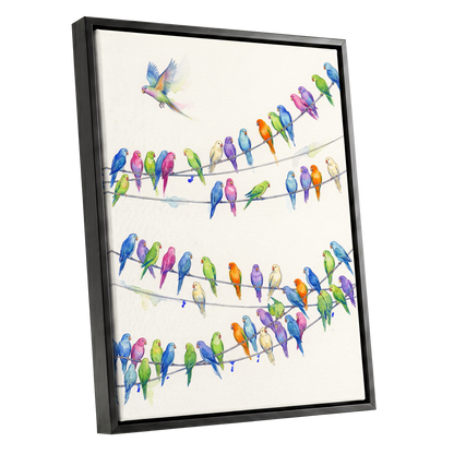 Parakeet Parade, multicolor, white, blue nature wall art shown as a black framed canvas wall art