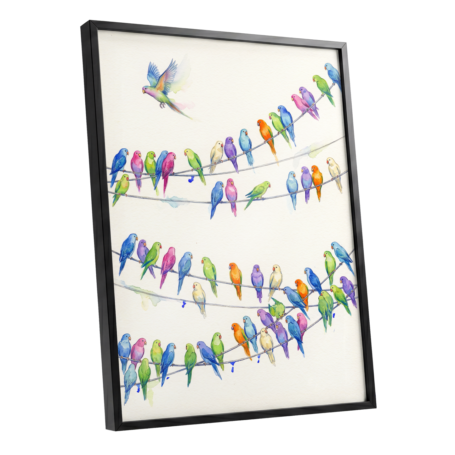 Parakeet Parade, multicolor, white, blue nature wall art shown as a black framed poster wall art print