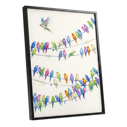 Parakeet Parade, multicolor, white, blue nature wall art shown as a black framed poster wall art print