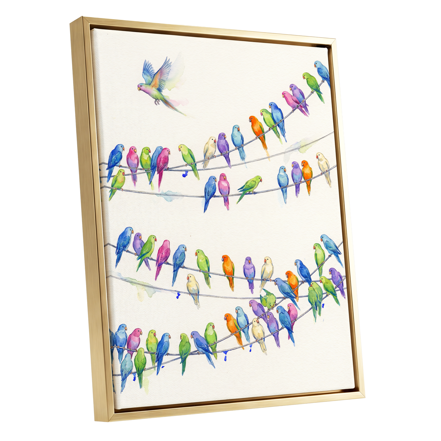 Parakeet Parade, multicolor, white, blue nature wall art shown as a gold framed canvas wall art