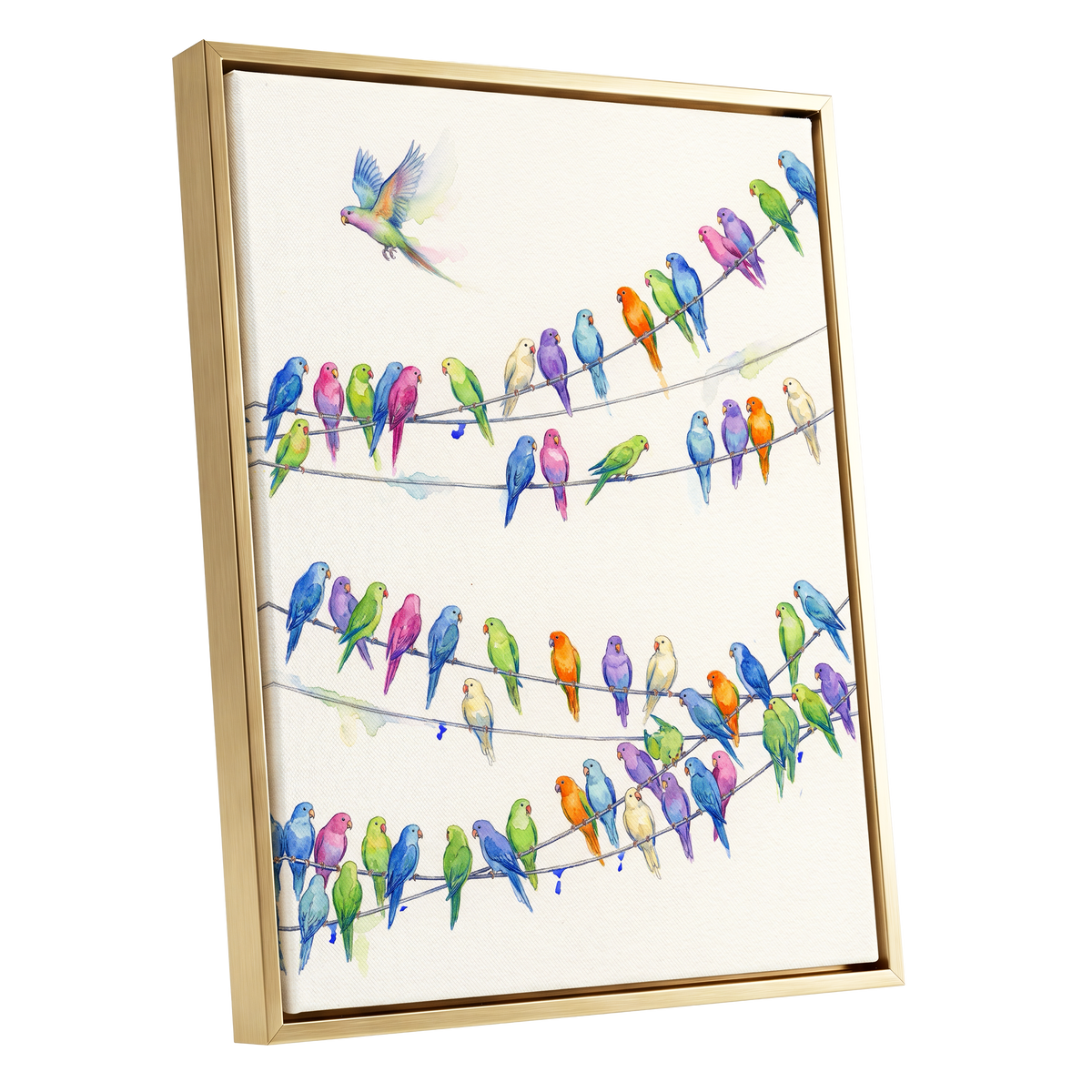 Parakeet Parade, multicolor, white, blue nature wall art shown as a gold framed canvas wall art