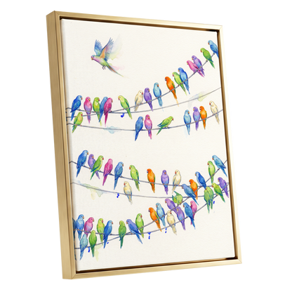 Parakeet Parade, multicolor, white, blue nature wall art shown as a gold framed canvas wall art