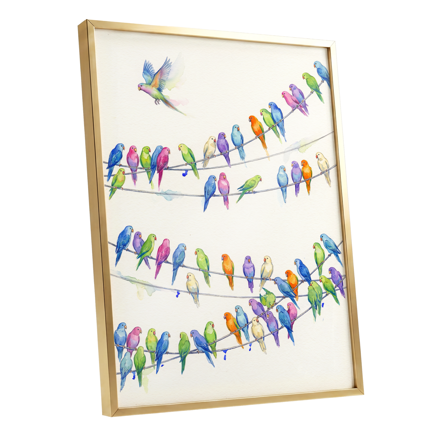 Parakeet Parade, multicolor, white, blue nature wall art shown as a gold framed poster wall art print