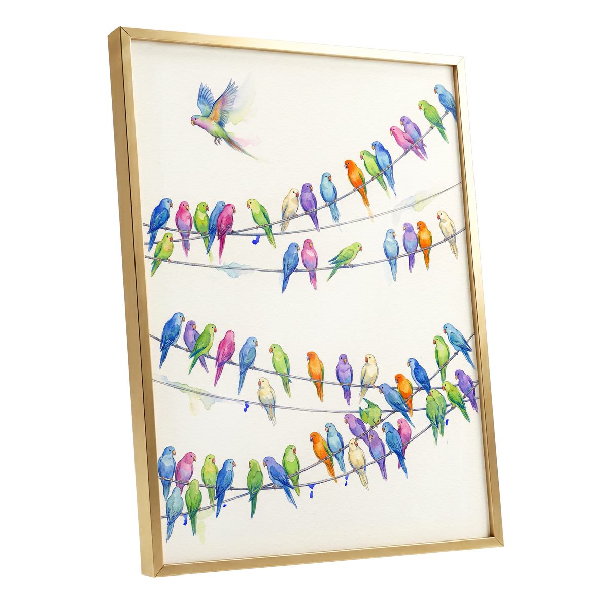 Parakeet Parade, multicolor, white, blue nature wall art shown as a gold framed poster wall art print
