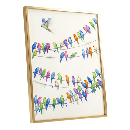 Parakeet Parade, multicolor, white, blue nature wall art shown as a gold framed poster wall art print