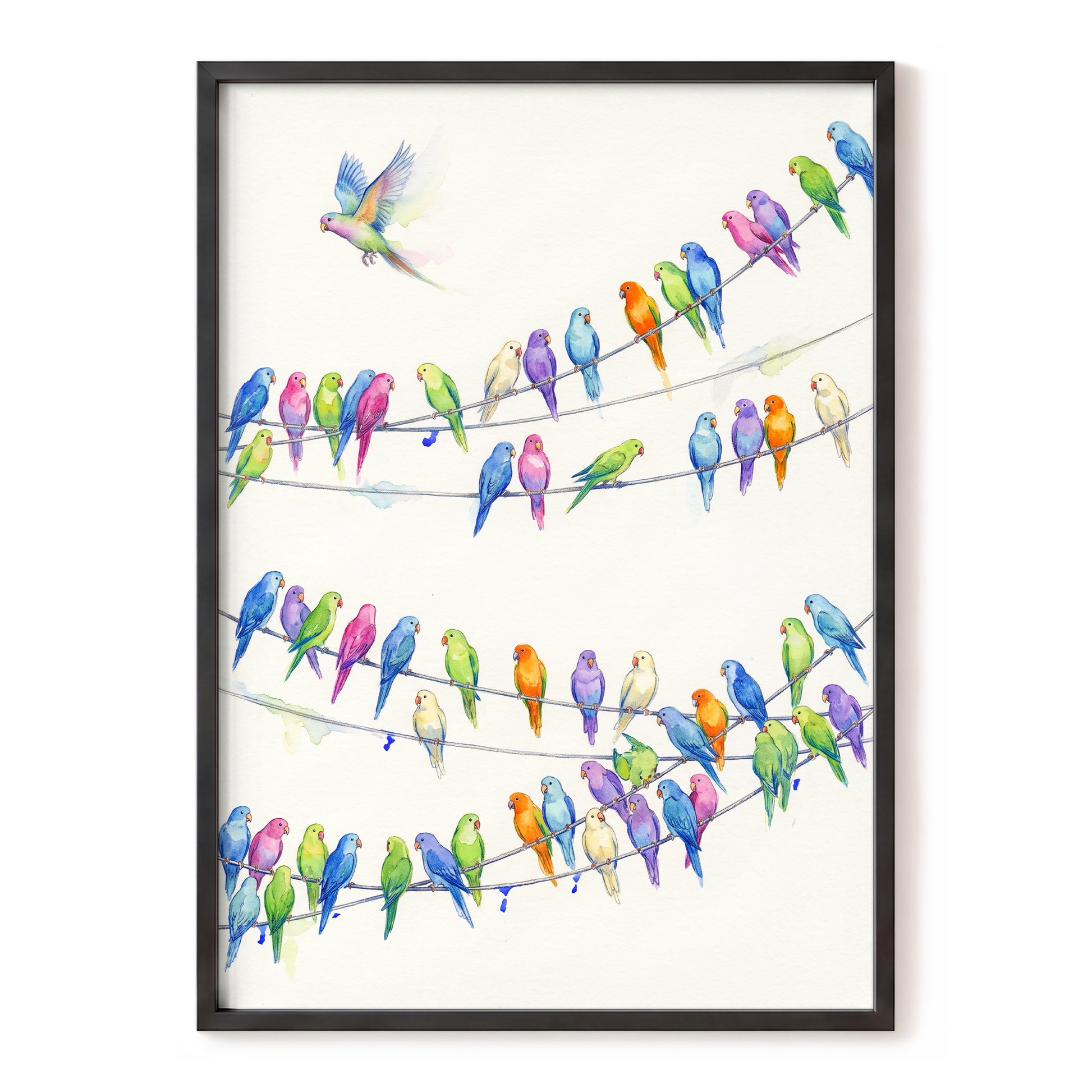 Parakeet Parade, multicolor, white, blue nature wall art, front artwork view