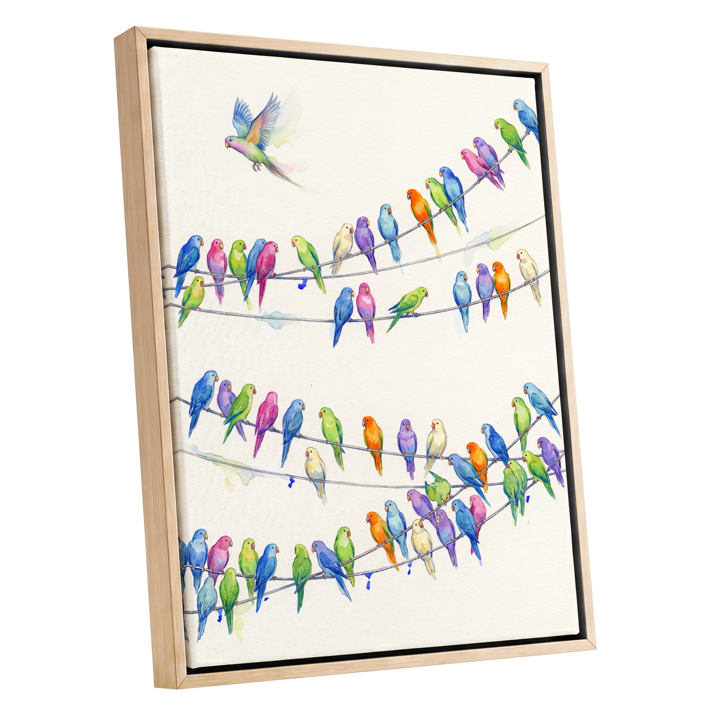Parakeet Parade, multicolor, white, blue nature wall art shown as a oak framed canvas wall art
