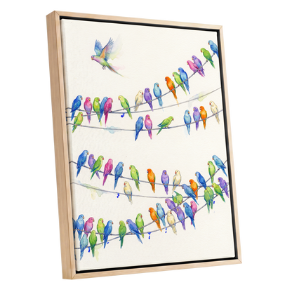 Parakeet Parade, multicolor, white, blue nature wall art shown as a oak framed canvas wall art