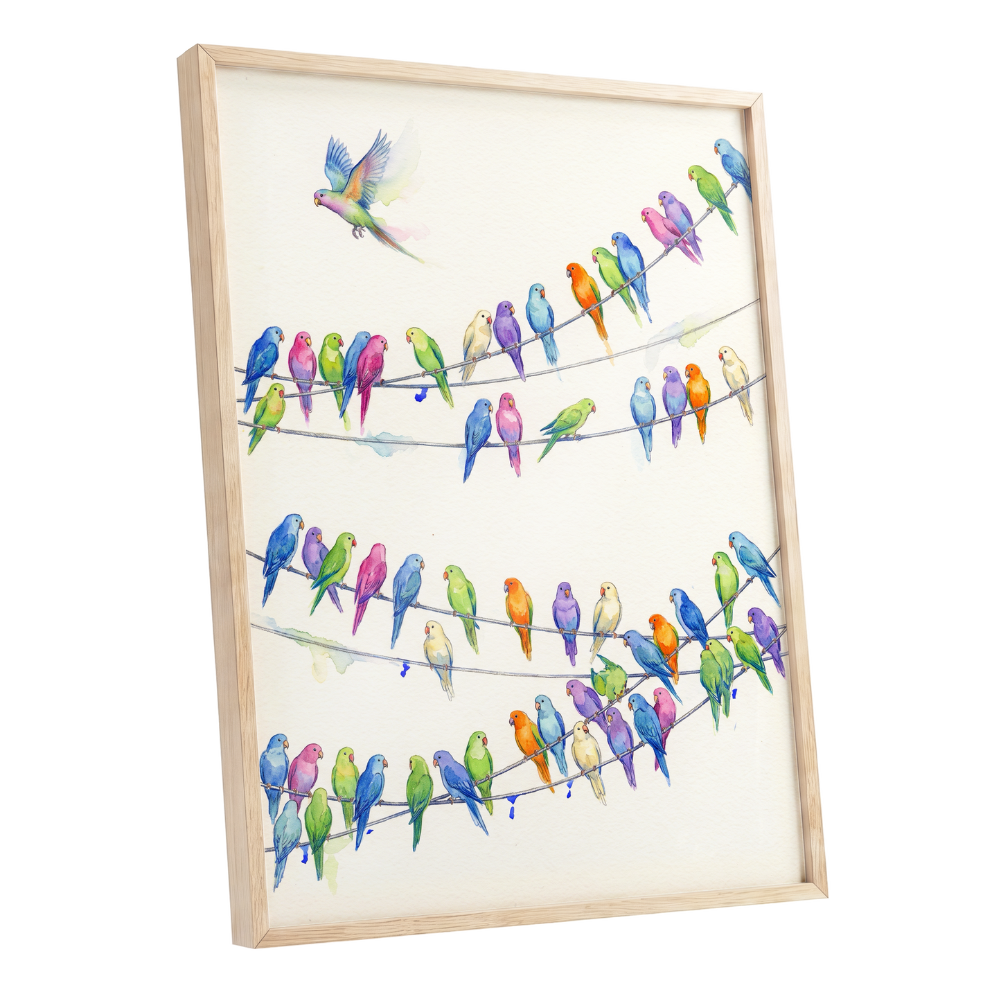 Parakeet Parade, multicolor, white, blue nature wall art shown as a oak framed poster wall art print