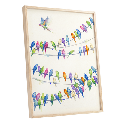 Parakeet Parade, multicolor, white, blue nature wall art shown as a oak framed poster wall art print