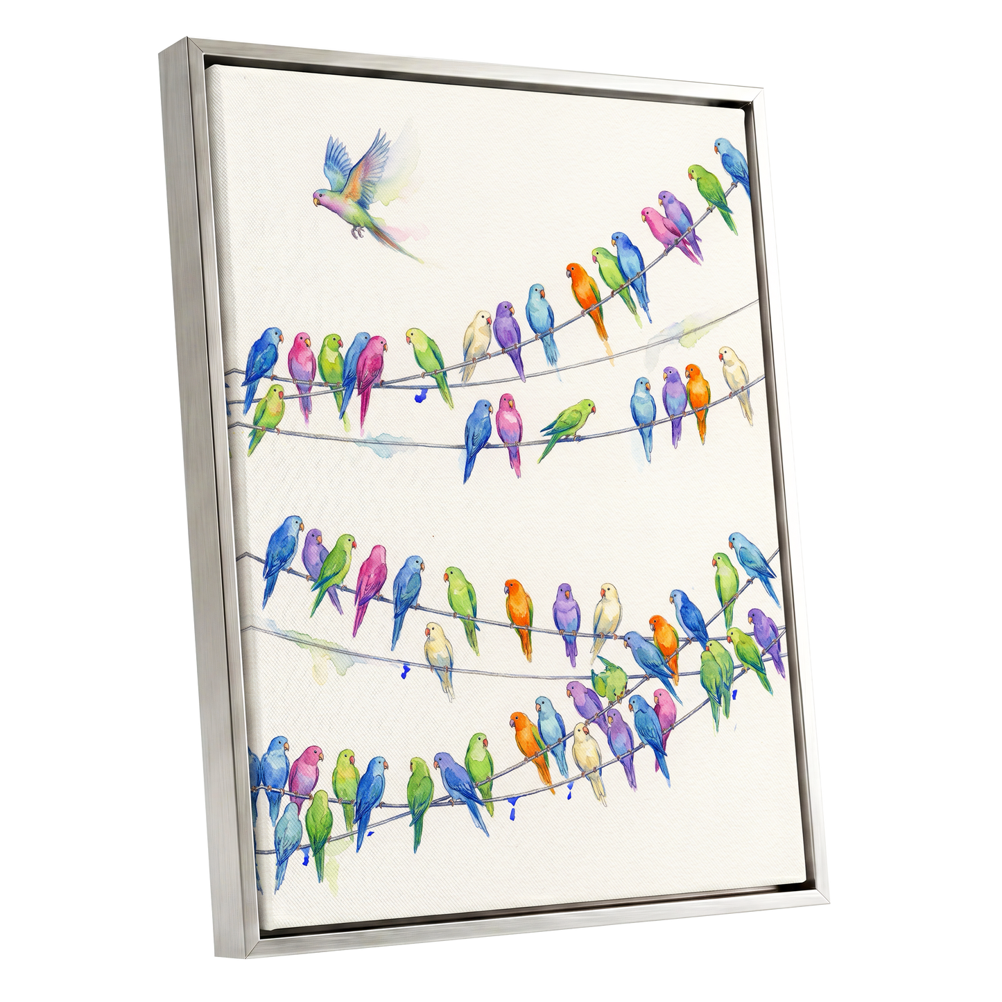 Parakeet Parade, multicolor, white, blue nature wall art shown as a silver framed canvas wall art