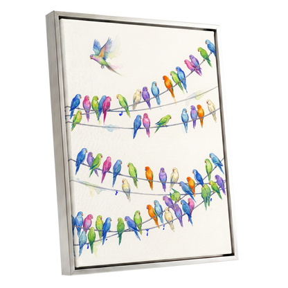 Parakeet Parade, multicolor, white, blue nature wall art shown as a silver framed canvas wall art