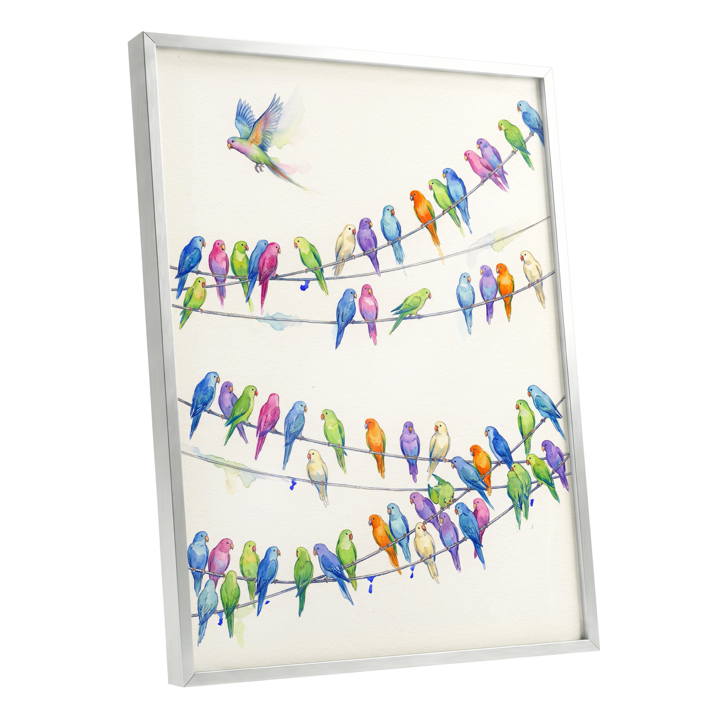 Parakeet Parade, multicolor, white, blue nature wall art shown as a silver framed poster wall art print