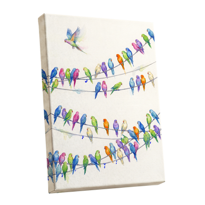 Parakeet Parade, multicolor, white, blue nature wall art shown as a stretched canvas wall art