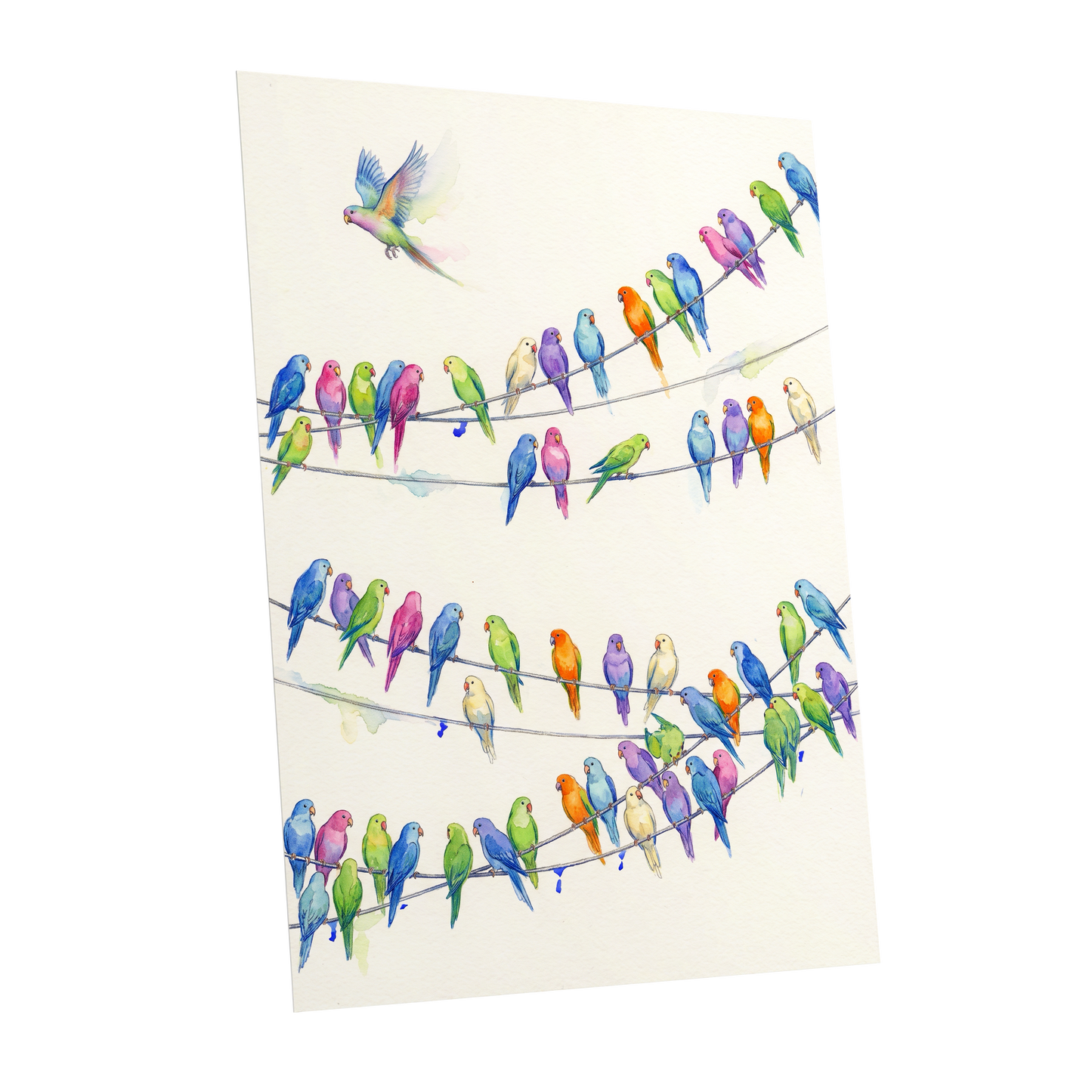 Parakeet Parade, multicolor, white, blue nature wall art shown as a unframed poster wall art print