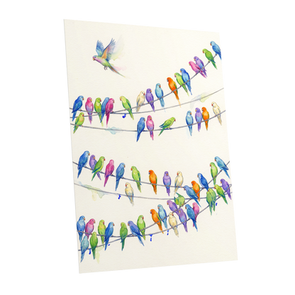 Parakeet Parade, multicolor, white, blue nature wall art shown as a unframed poster wall art print