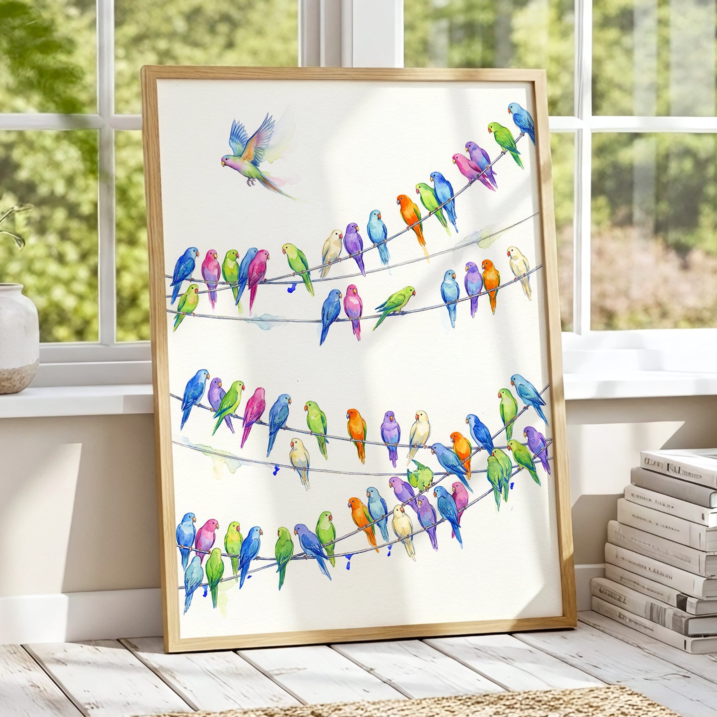 Parakeet Parade, multicolor, white, blue nature wall art displayed in a styled interior, gallery view 2