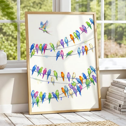 Parakeet Parade, multicolor, white, blue nature wall art displayed in a styled interior, gallery view 2