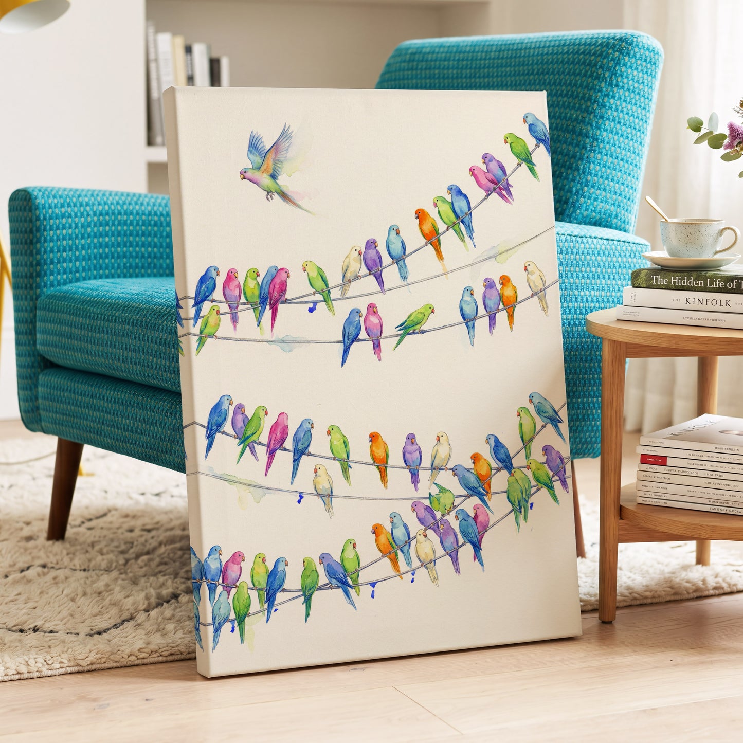 Parakeet Parade, multicolor, white, blue nature wall art displayed in a styled interior, gallery view 3