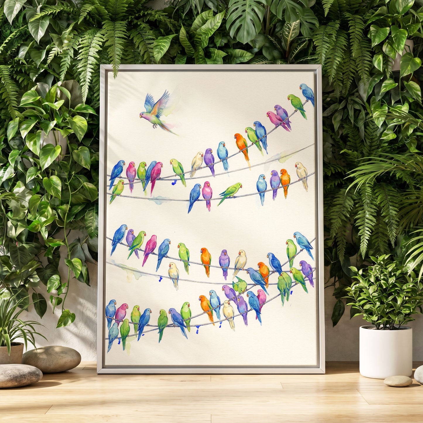 Parakeet Parade, multicolor, white, blue nature wall art displayed in a styled interior, gallery view 4