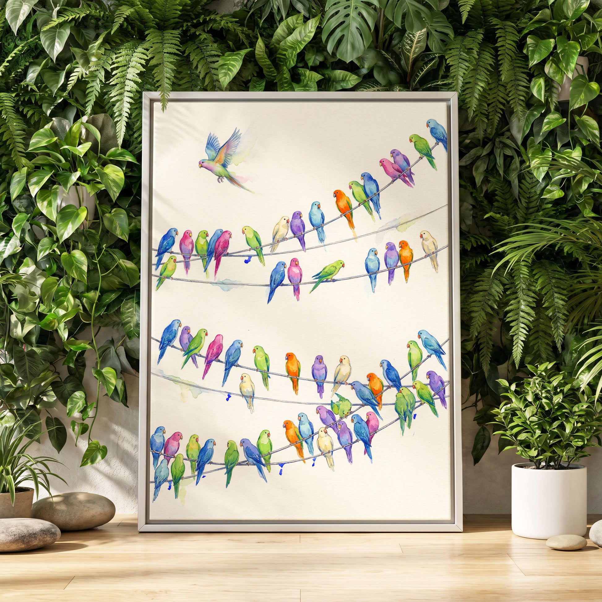 Parakeet Parade, multicolor, white, blue nature wall art displayed in a styled interior, gallery view 4