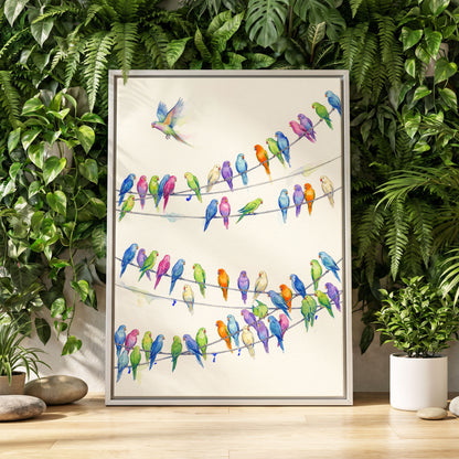 Parakeet Parade, multicolor, white, blue nature wall art displayed in a styled interior, gallery view 4
